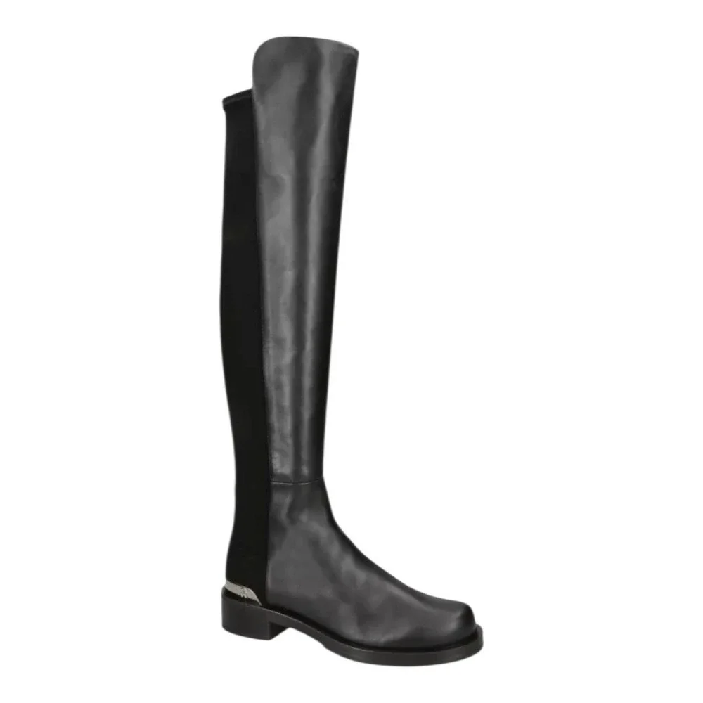 Stuart‎ Weitzman 5050 Bold Logo Over Knee Boots Leather Block Heel Black Womens